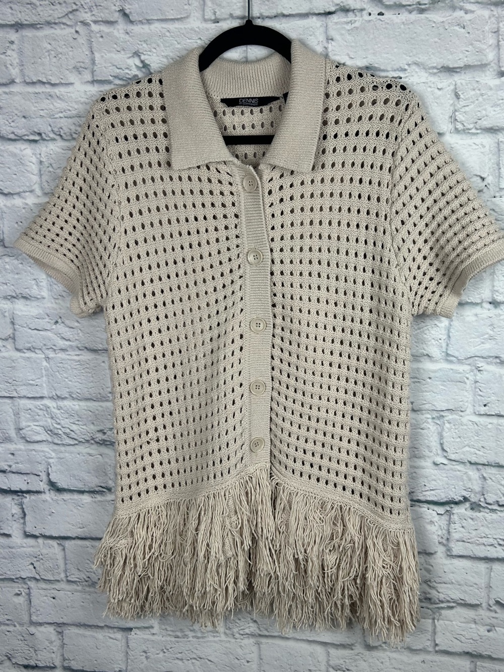 Dennis by Dennis Basso Fringe Open Knit Cardigan Sweater Beige Medium